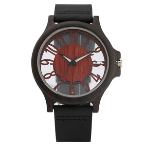 Transparent Hollow Arabic Numerals Display Men's Wood Watches Chic Fashion Male Quartz Genuine Leather Timepiece