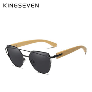 Original KINGSEVEN Brand Bamboo Cat Eye Sunglasses Polarized Metal Frame Wood Glasses Women Luxury Sun Glasses With Wood Case