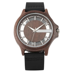 Transparent Hollow Dial Coffee/Brown/Black Wood Watches Quartz Timepiece Genuine Leather Watchband Creative Men's Watch New 2019