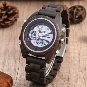 Full Wood Watch Mens Digital Poiner Dual Display Watches Red Wooden Quartz Clock With Strap Adjuster Manual Male Birthday Gift