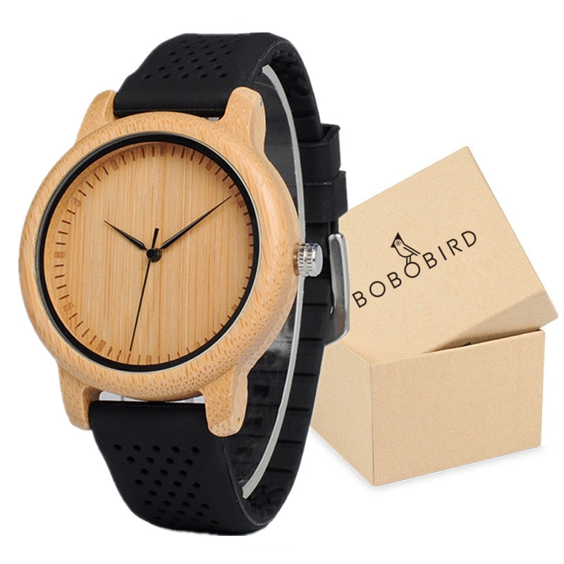 Wooden Case with Bamboo Face and Genuine Leather Band. Several Variants Available