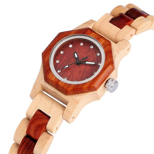 Red Octagon Case Quartz Watches for Women Full Wood Band Women's Wristwatch Wooden Watch Decoration Dial Fold Buckle Clock Gifts