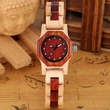 Red Octagon Case Quartz Watches for Women Full Wood Band Women's Wristwatch Wooden Watch Decoration Dial Fold Buckle Clock Gifts