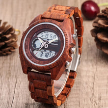 Full Wood Watch Mens Digital Poiner Dual Display Watches Red Wooden Quartz Clock With Strap Adjuster Manual Male Birthday Gift