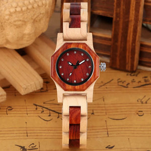 Red Octagon Case Quartz Watches for Women Full Wood Band Women's Wristwatch Wooden Watch Decoration Dial Fold Buckle Clock Gifts